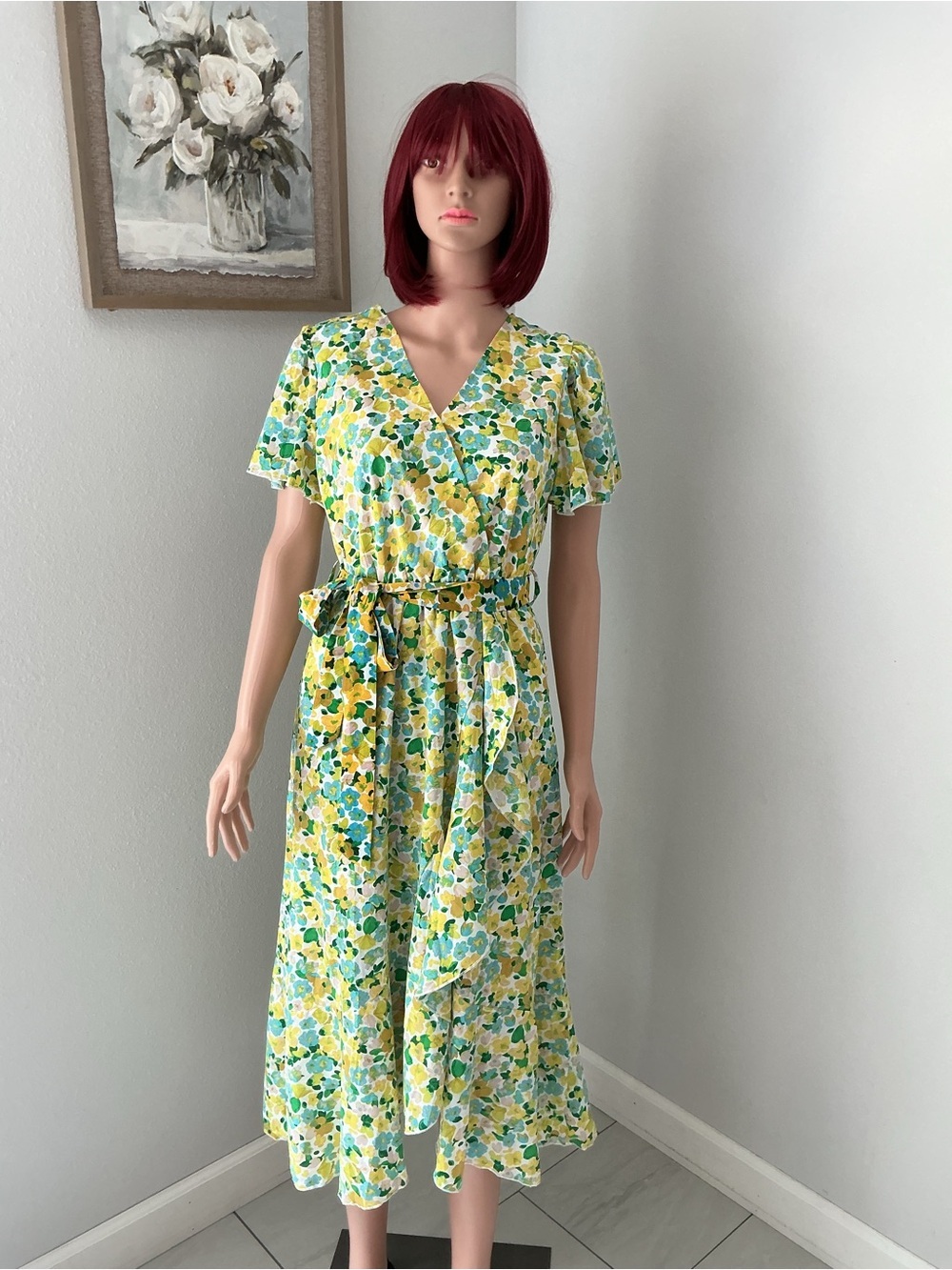 PrettyGarden V-Neck Floral Wrap Midi Dress in Yellow & Green